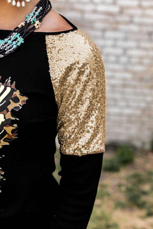 Black Leopard Letter Print Sequin Patchwork Long Sleeve Top